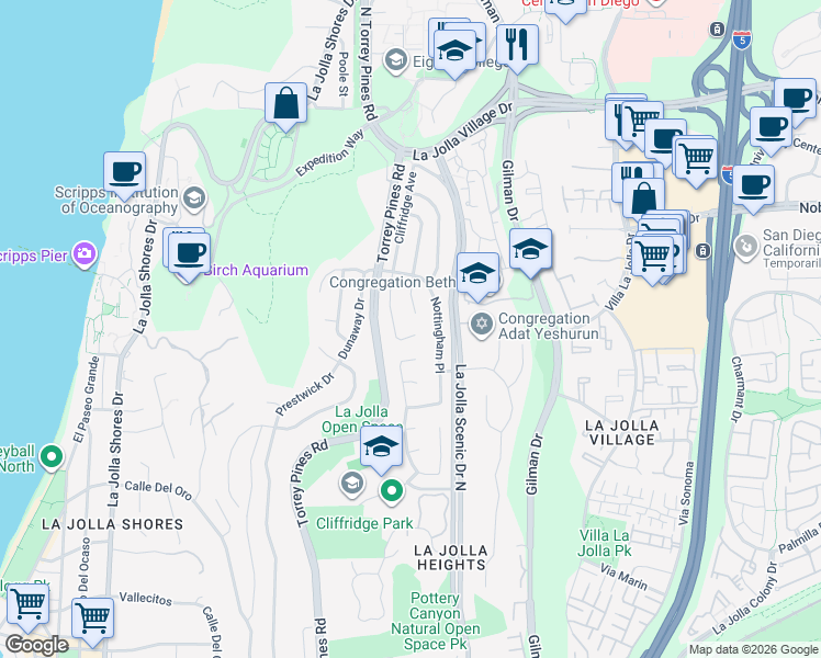 map of restaurants, bars, coffee shops, grocery stores, and more near 8635 Cliffridge Avenue in San Diego
