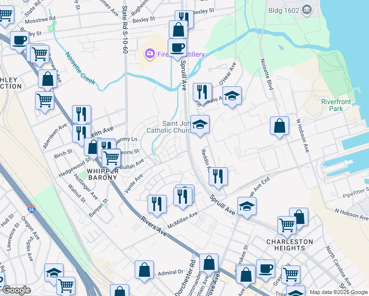 map of restaurants, bars, coffee shops, grocery stores, and more near 3835 Spruill Avenue in North Charleston