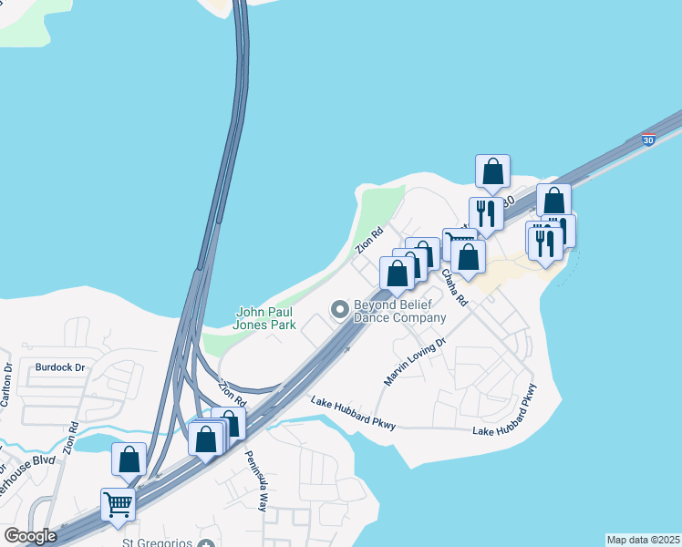 map of restaurants, bars, coffee shops, grocery stores, and more near 3558 Zion Road in Garland