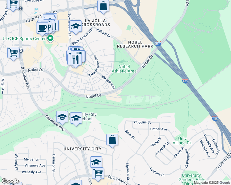 map of restaurants, bars, coffee shops, grocery stores, and more near 7234 Shoreline Drive in San Diego