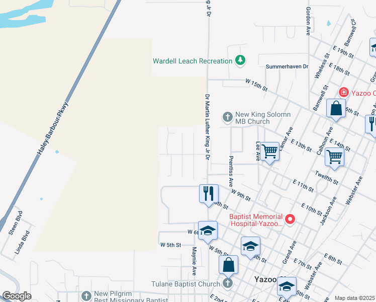 map of restaurants, bars, coffee shops, grocery stores, and more near 1213 Kentwood Cove in Yazoo City