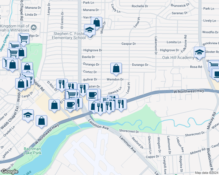 map of restaurants, bars, coffee shops, grocery stores, and more near 3822 Wemdon Drive in Dallas