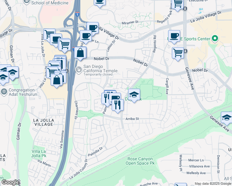map of restaurants, bars, coffee shops, grocery stores, and more near 7693 Palmilla Drive in San Diego
