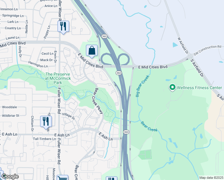 map of restaurants, bars, coffee shops, grocery stores, and more near 2001 Texas 360 in Euless