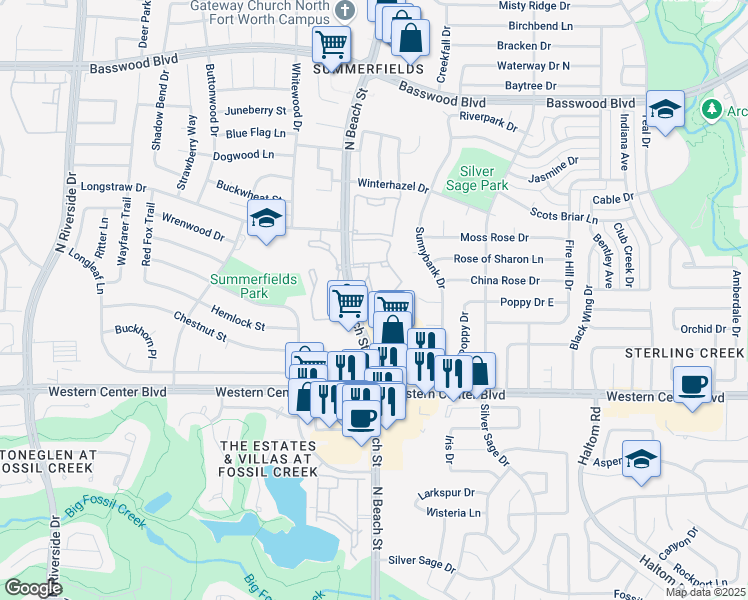 map of restaurants, bars, coffee shops, grocery stores, and more near 6930 W Creekhaven Dr in Fort Worth