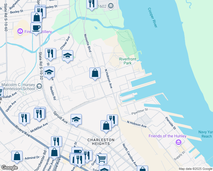 map of restaurants, bars, coffee shops, grocery stores, and more near 2154 Noisette Boulevard in North Charleston