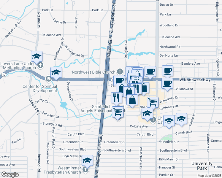 map of restaurants, bars, coffee shops, grocery stores, and more near 5950 Berkshire Lane in Dallas