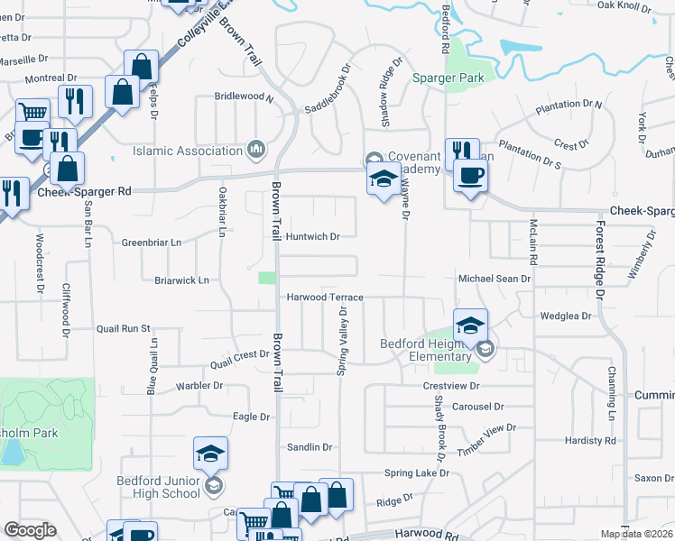 map of restaurants, bars, coffee shops, grocery stores, and more near 817 Mountain Laurel Lane in Bedford