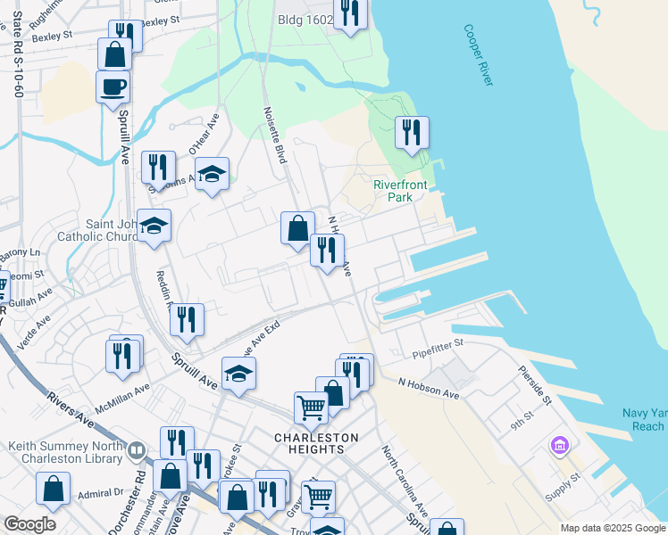 map of restaurants, bars, coffee shops, grocery stores, and more near 2154 Noisette Boulevard in North Charleston