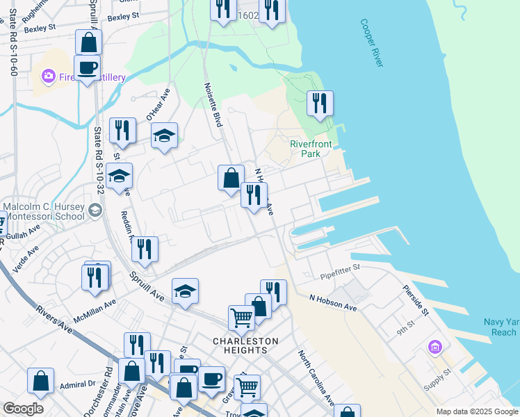 map of restaurants, bars, coffee shops, grocery stores, and more near 2154 Noisette Boulevard in North Charleston