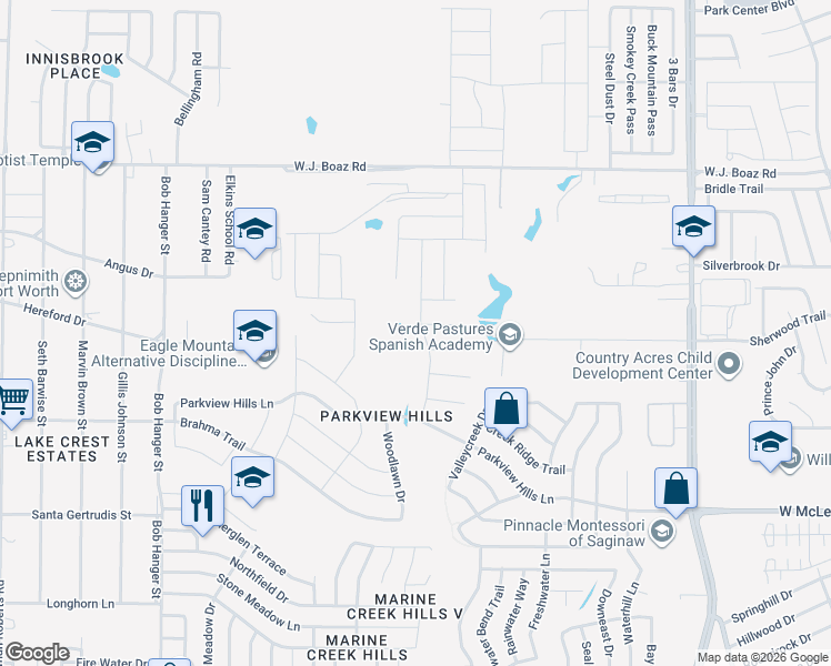 map of restaurants, bars, coffee shops, grocery stores, and more near 5148 Bayridge Court in Fort Worth