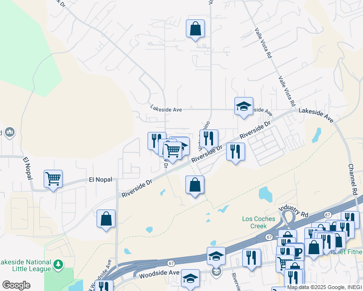 map of restaurants, bars, coffee shops, grocery stores, and more near 10245 Avenida Real in Lakeside