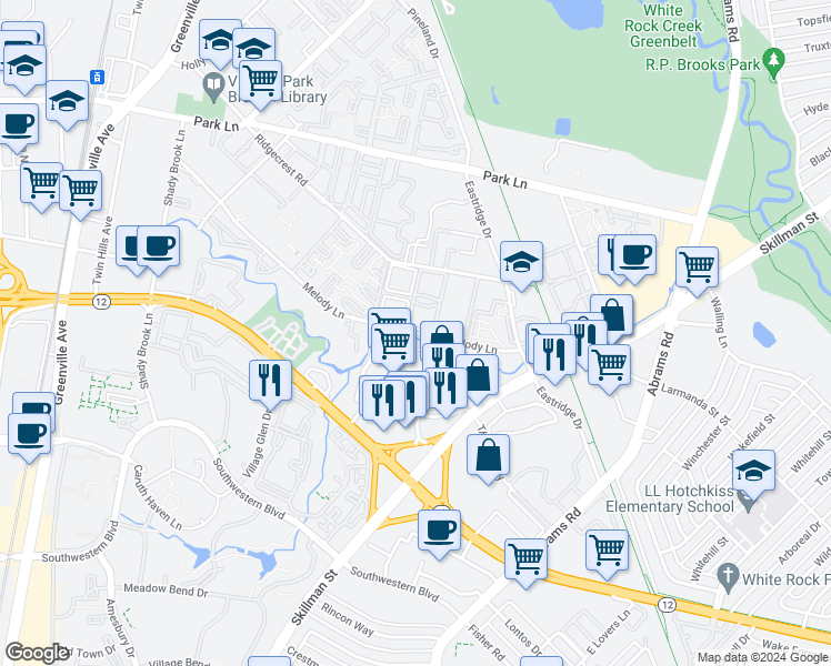 map of restaurants, bars, coffee shops, grocery stores, and more near 6411 Melody Lane in Dallas