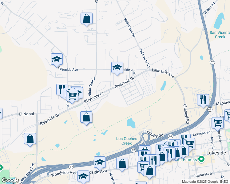 map of restaurants, bars, coffee shops, grocery stores, and more near in Lakeside