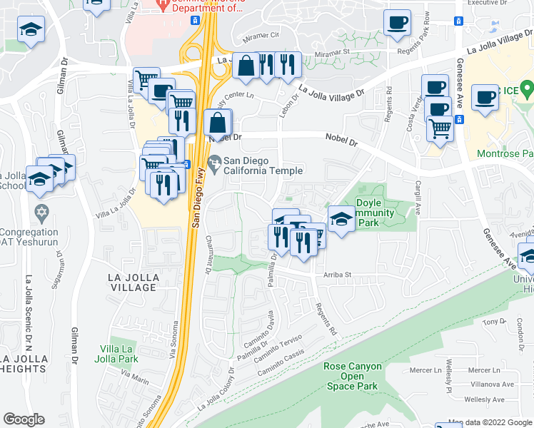 map of restaurants, bars, coffee shops, grocery stores, and more near in San Diego