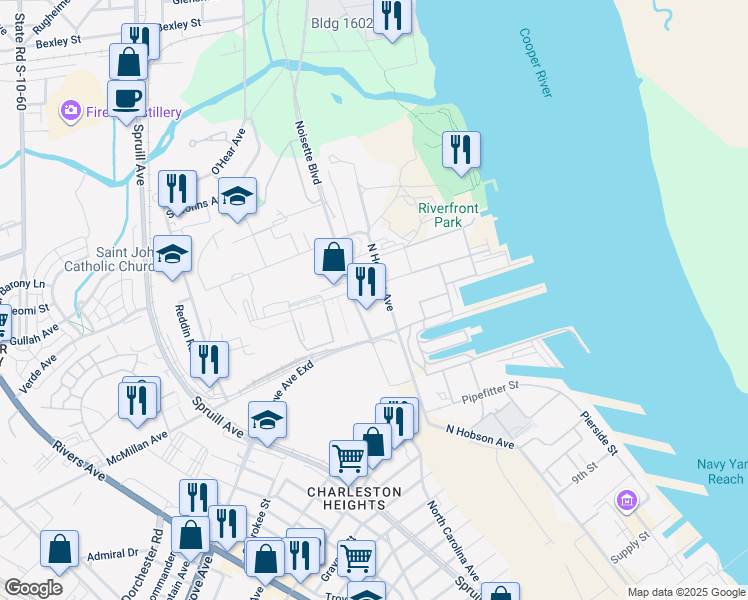 map of restaurants, bars, coffee shops, grocery stores, and more near 2130 N Hobson Ave in North Charleston