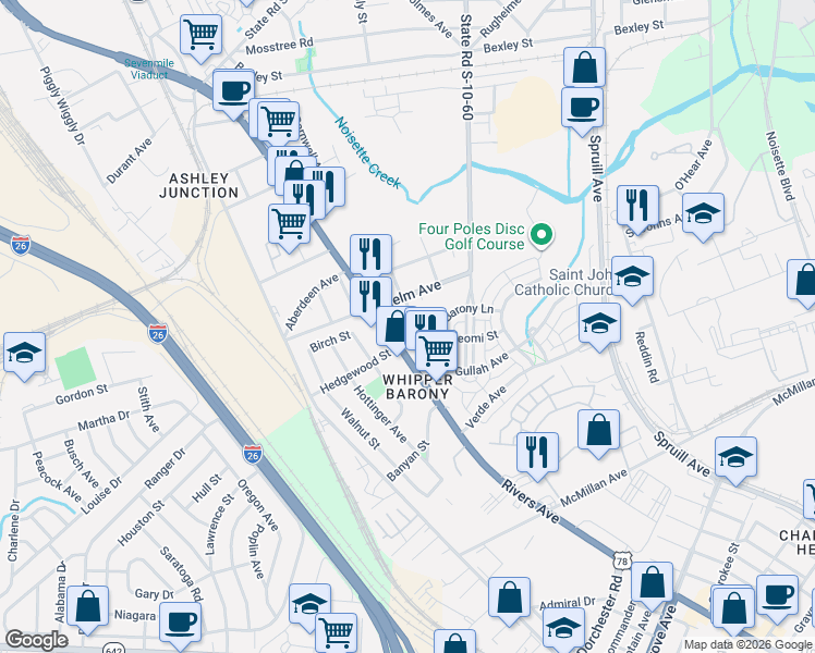 map of restaurants, bars, coffee shops, grocery stores, and more near 2001 Helm Avenue in North Charleston