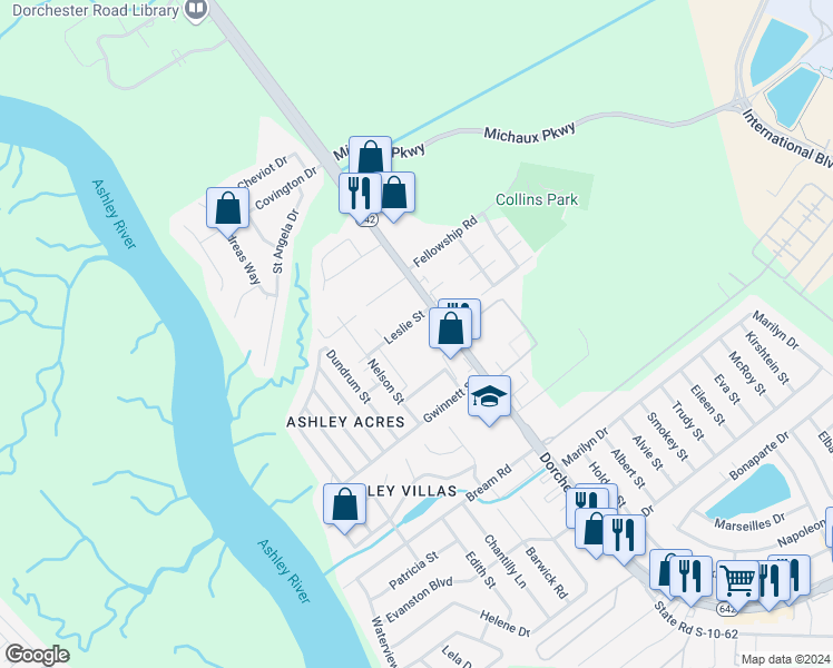 map of restaurants, bars, coffee shops, grocery stores, and more near 4326 Leslie Street in North Charleston
