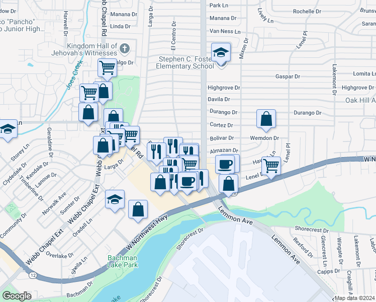 map of restaurants, bars, coffee shops, grocery stores, and more near 3602 Bolivar Drive in Dallas