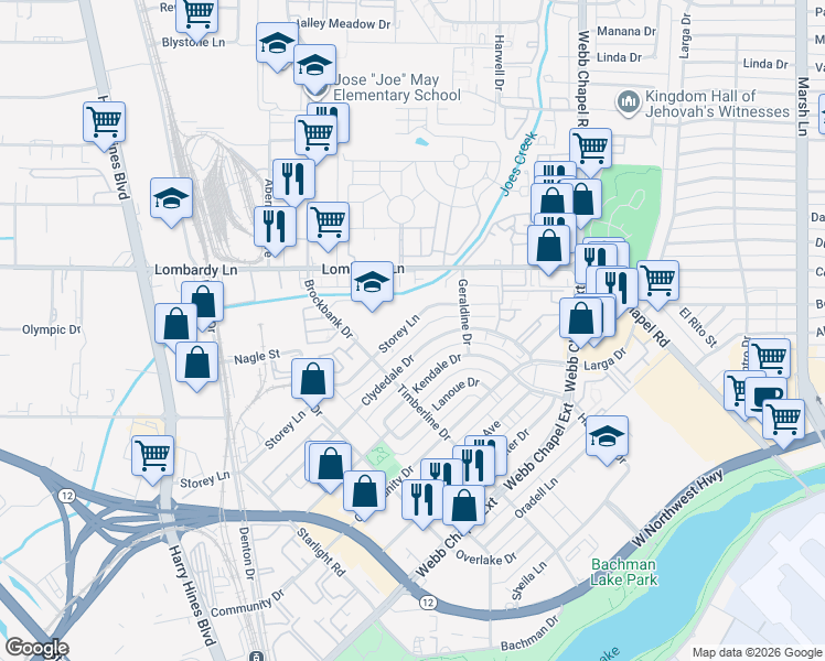 map of restaurants, bars, coffee shops, grocery stores, and more near 3151 Storey Lane in Dallas