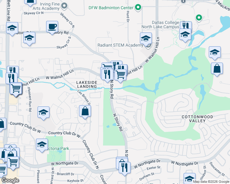 map of restaurants, bars, coffee shops, grocery stores, and more near 4460 North Story Road in Irving