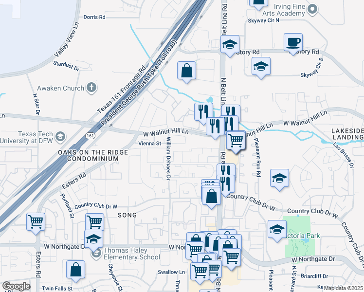 map of restaurants, bars, coffee shops, grocery stores, and more near 3656 Swiss Lane in Irving