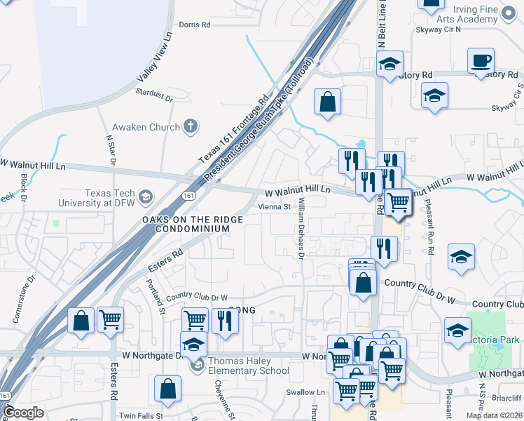 map of restaurants, bars, coffee shops, grocery stores, and more near 3857 Marcillia Circle in Irving