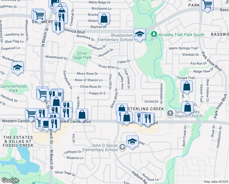 map of restaurants, bars, coffee shops, grocery stores, and more near 6905 Black Wing Drive in Fort Worth