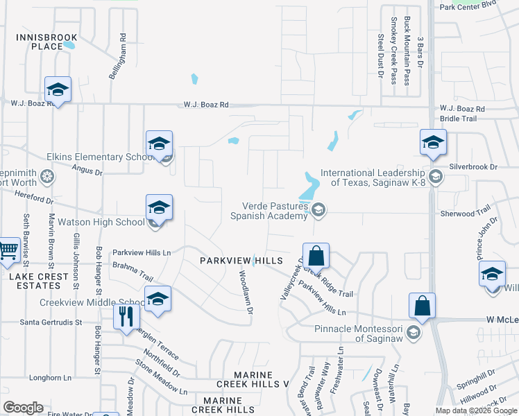 map of restaurants, bars, coffee shops, grocery stores, and more near 5148 Bayridge Court in Fort Worth