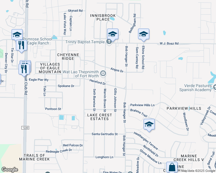 map of restaurants, bars, coffee shops, grocery stores, and more near 7101 Marvin Brown Street in Fort Worth