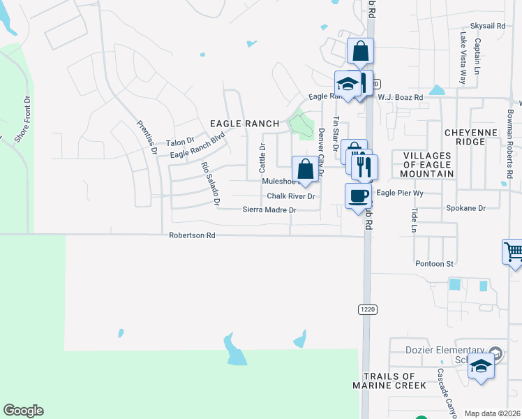map of restaurants, bars, coffee shops, grocery stores, and more near 6901 Cattle Drive in Fort Worth