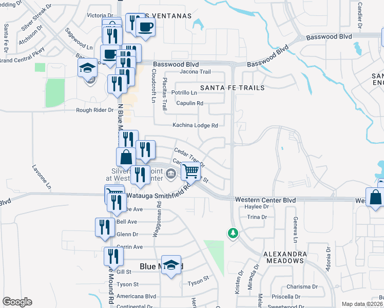 map of restaurants, bars, coffee shops, grocery stores, and more near 1833 Cedar Tree Drive in Fort Worth