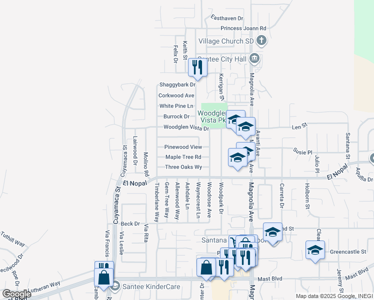 map of restaurants, bars, coffee shops, grocery stores, and more near in Santee