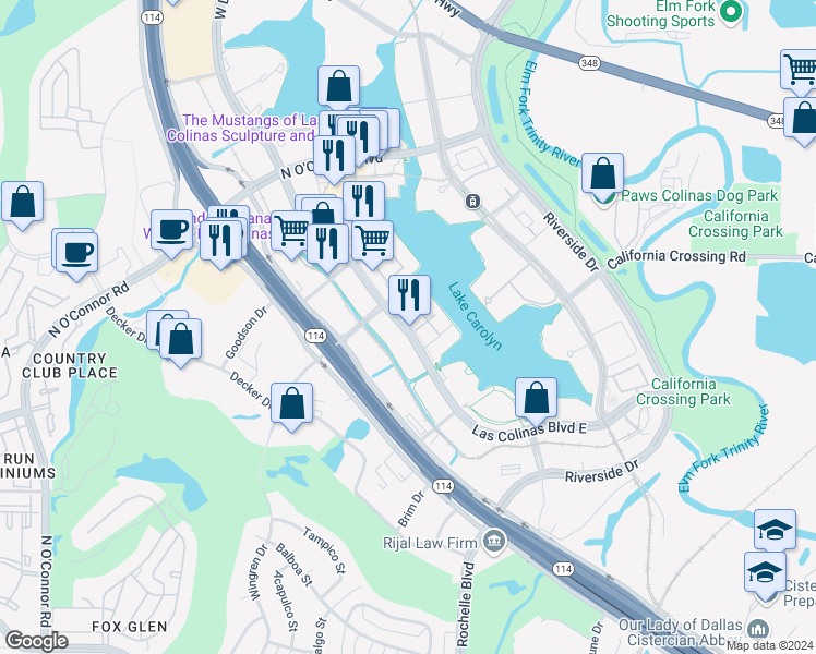 map of restaurants, bars, coffee shops, grocery stores, and more near Las Colinas Boulevard East in Irving