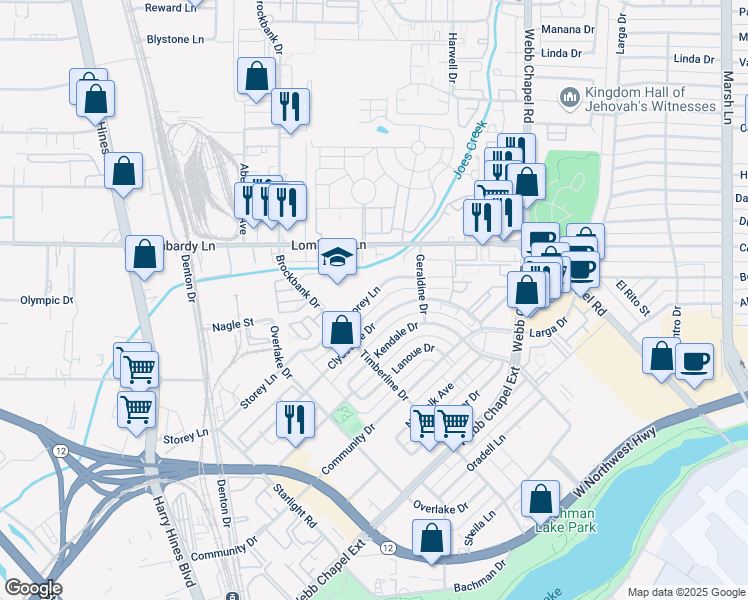map of restaurants, bars, coffee shops, grocery stores, and more near 3151 Storey Lane in Dallas