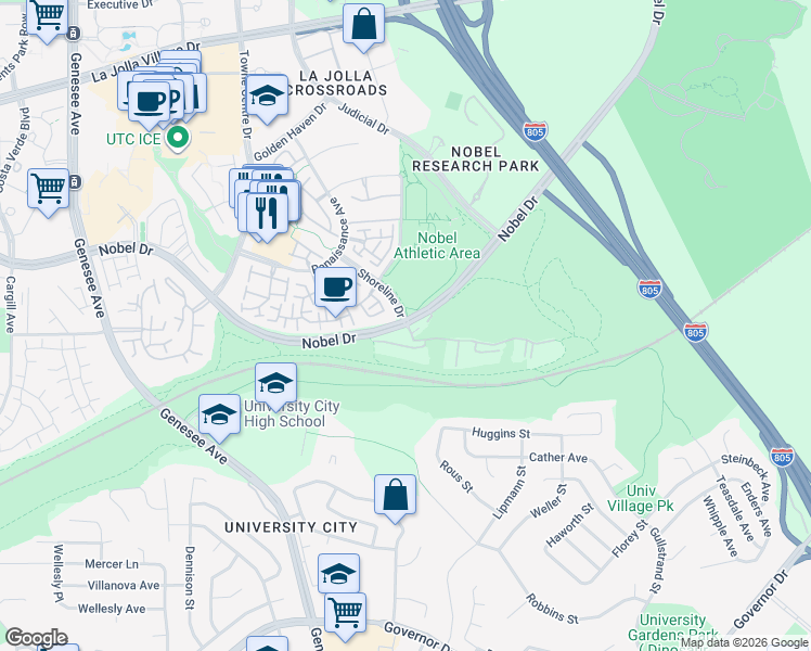 map of restaurants, bars, coffee shops, grocery stores, and more near Nobel Dr & Shoreline Dr in San Diego