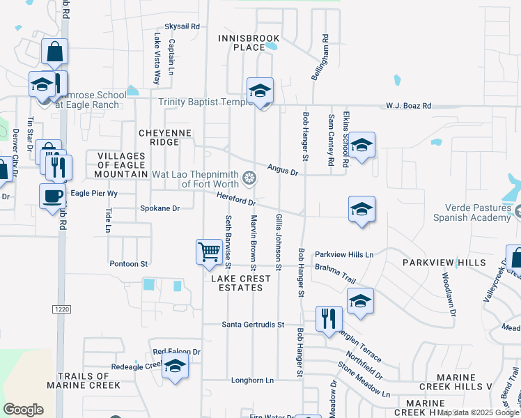 map of restaurants, bars, coffee shops, grocery stores, and more near 7101 Marvin Brown Street in Fort Worth