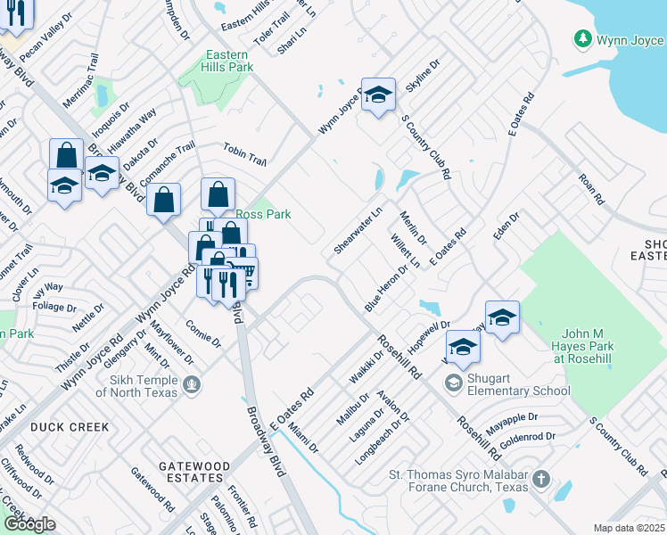 map of restaurants, bars, coffee shops, grocery stores, and more near 4410 Rosehill Road in Garland