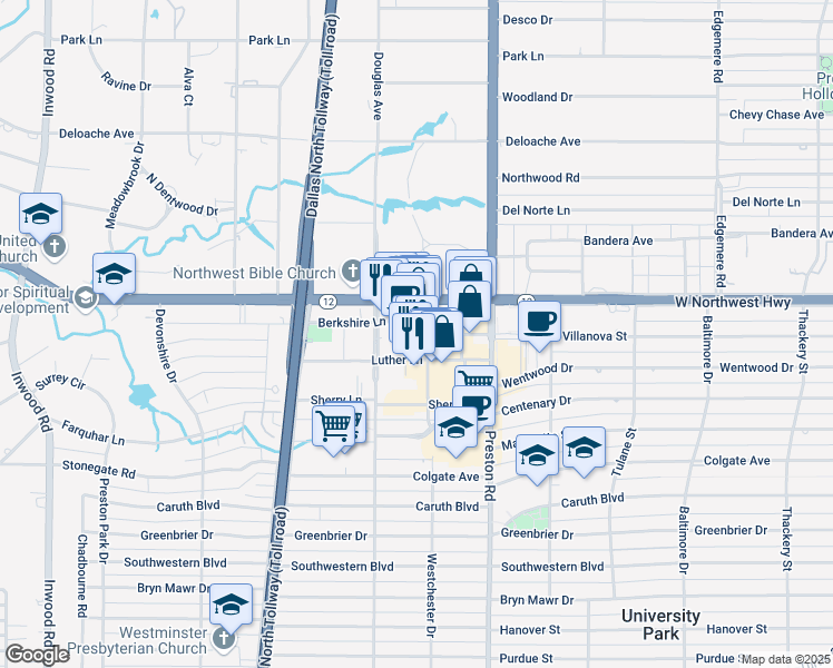 map of restaurants, bars, coffee shops, grocery stores, and more near 8317 Westchester Drive in Dallas