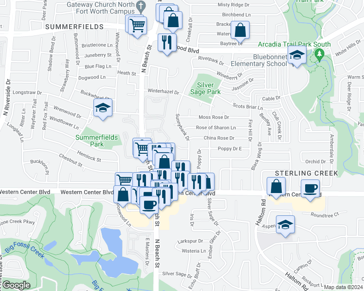 map of restaurants, bars, coffee shops, grocery stores, and more near 4563 Dove Tree Court in Fort Worth