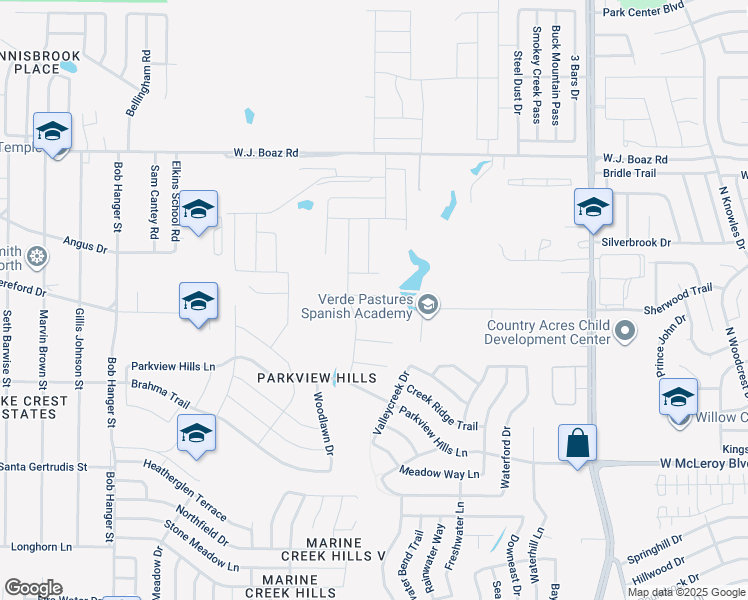 map of restaurants, bars, coffee shops, grocery stores, and more near 5125 Bayridge Court in Fort Worth