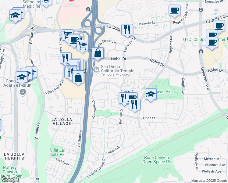 map of restaurants, bars, coffee shops, grocery stores, and more near 7535 Charmant Drive in San Diego