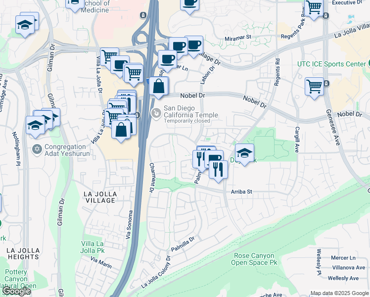 map of restaurants, bars, coffee shops, grocery stores, and more near 7505 Charmant Drive in San Diego