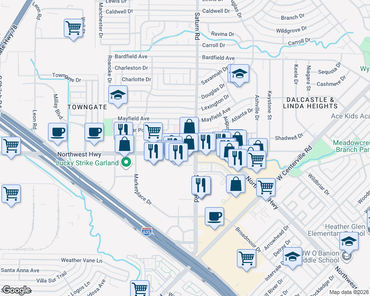 map of restaurants, bars, coffee shops, grocery stores, and more near 1401 Northwest Highway in Garland