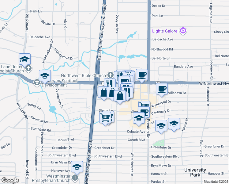 map of restaurants, bars, coffee shops, grocery stores, and more near 8343 Douglas Avenue in Dallas