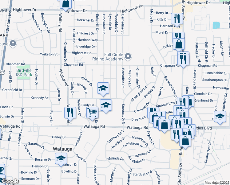 map of restaurants, bars, coffee shops, grocery stores, and more near 6513 Wooddale Drive in Watauga