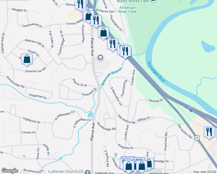 map of restaurants, bars, coffee shops, grocery stores, and more near 2587 South Nancelon Circle in Macon