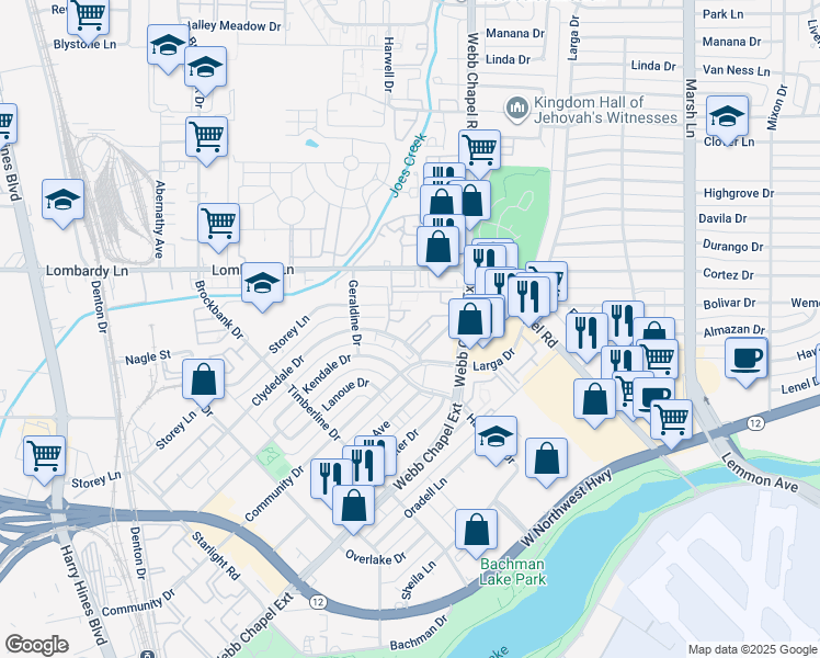 map of restaurants, bars, coffee shops, grocery stores, and more near 3535 Webb Chapel Extension in Dallas