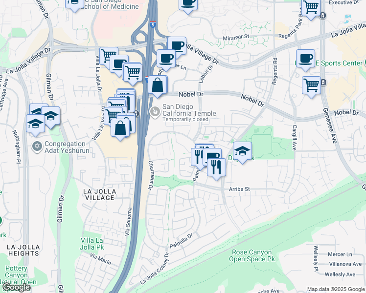 map of restaurants, bars, coffee shops, grocery stores, and more near 7535 Charmant Drive in San Diego