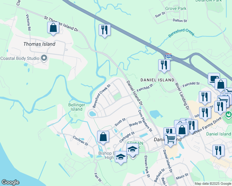 map of restaurants, bars, coffee shops, grocery stores, and more near 114 Codners Ferry Street in Charleston